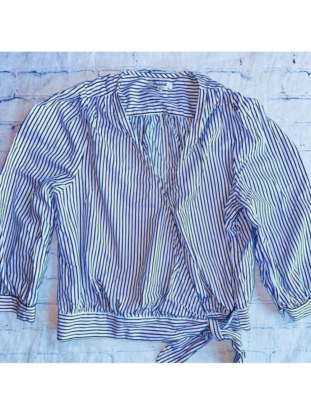 NWOT Women’s Medium Madewell Indigo Stripe Wrap Waist Tie Blouse Top Shirt